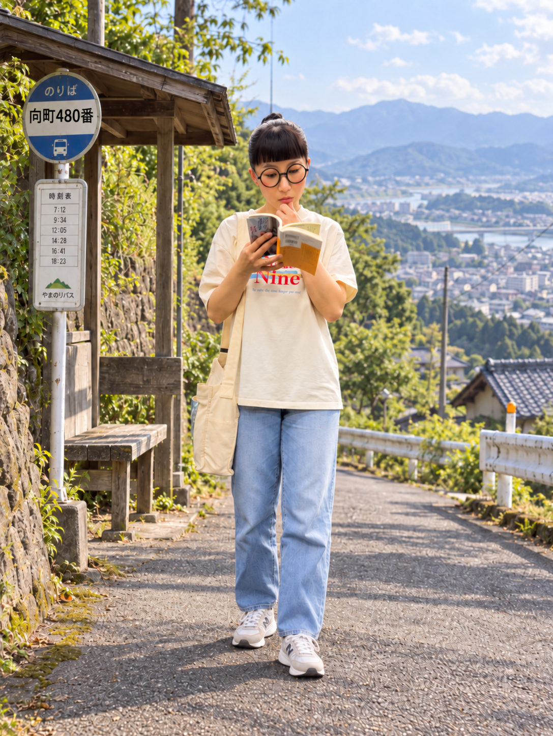 山あいのバス停で本を読む女性